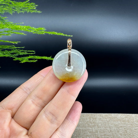 "Good Luck Button" Icy Yellow Jadeite Jade Lucky KouKou Pendant With 18K Rose Gold Bail