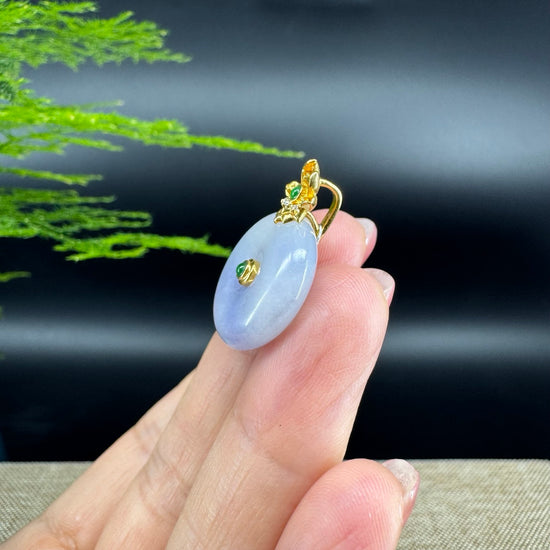 "Good Luck Button"Ice Lavender Jadeite Jade Lucky KouKou Pendant With 18K Yellow Gold Diamond Bail