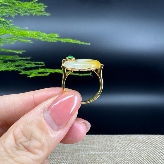 RealJade® "Signature Signet" 18K Yellow Gold Honey Yellow Jadeite Jade lucky koukou Ring
