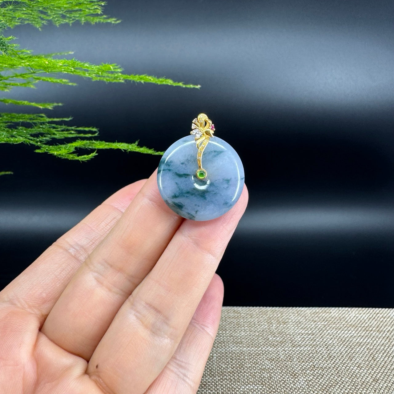 "Good Luck Button" Blue Lavender Jadeite Jade Lucky KouKou Pendant With 18K Yellow Gold Bail