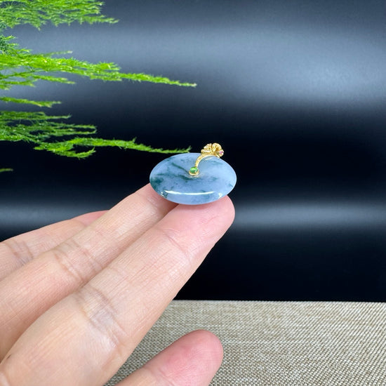 "Good Luck Button" Blue Lavender Jadeite Jade Lucky KouKou Pendant With 18K Yellow Gold Bail