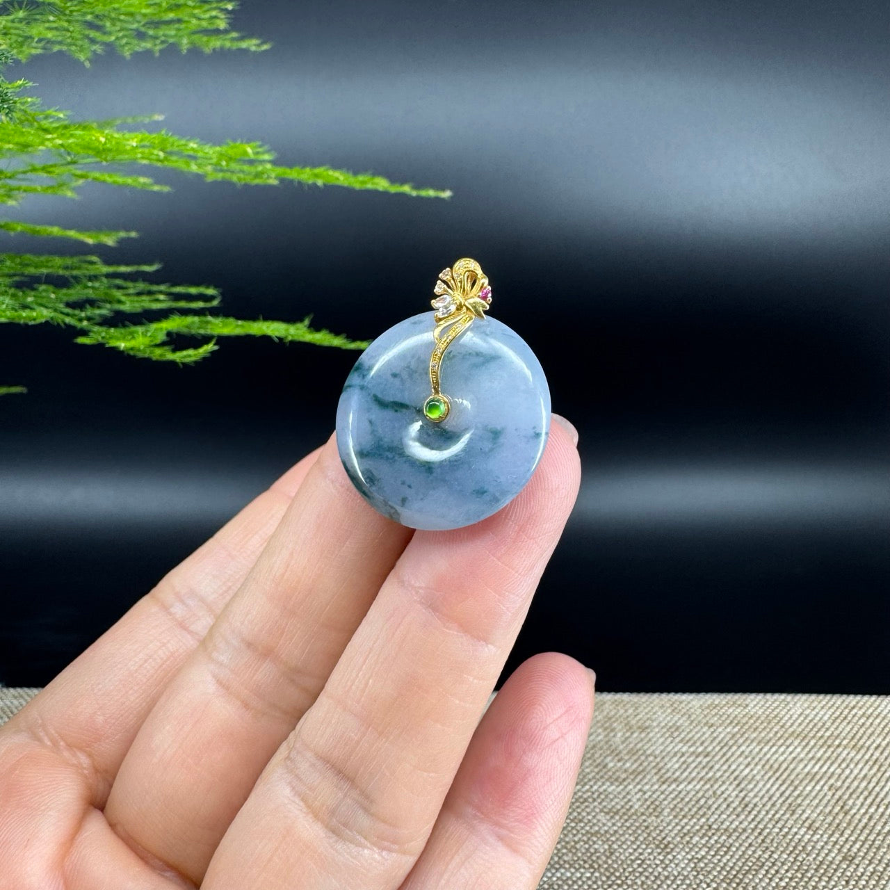 "Good Luck Button" Blue Lavender Jadeite Jade Lucky KouKou Pendant With 18K Yellow Gold Bail