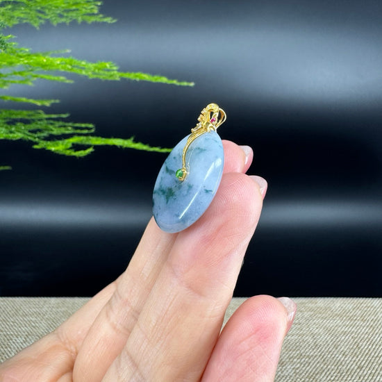 "Good Luck Button" Blue Lavender Jadeite Jade Lucky KouKou Pendant With 18K Yellow Gold Bail