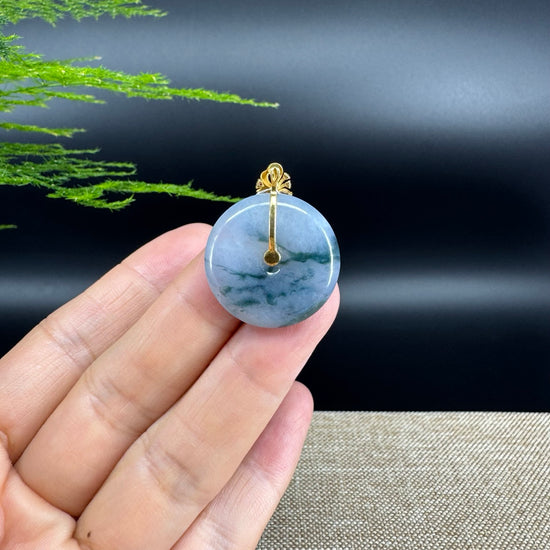 "Good Luck Button" Blue Lavender Jadeite Jade Lucky KouKou Pendant With 18K Yellow Gold Bail
