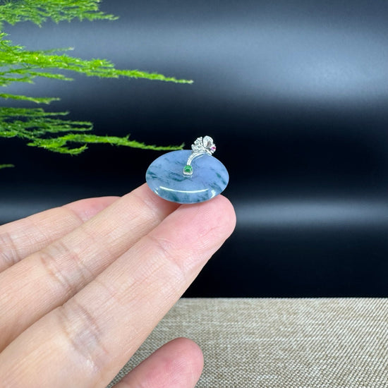 "Good Luck Button" Blue Lavender Jadeite Jade Lucky KouKou Pendant With 18K White Gold Bail