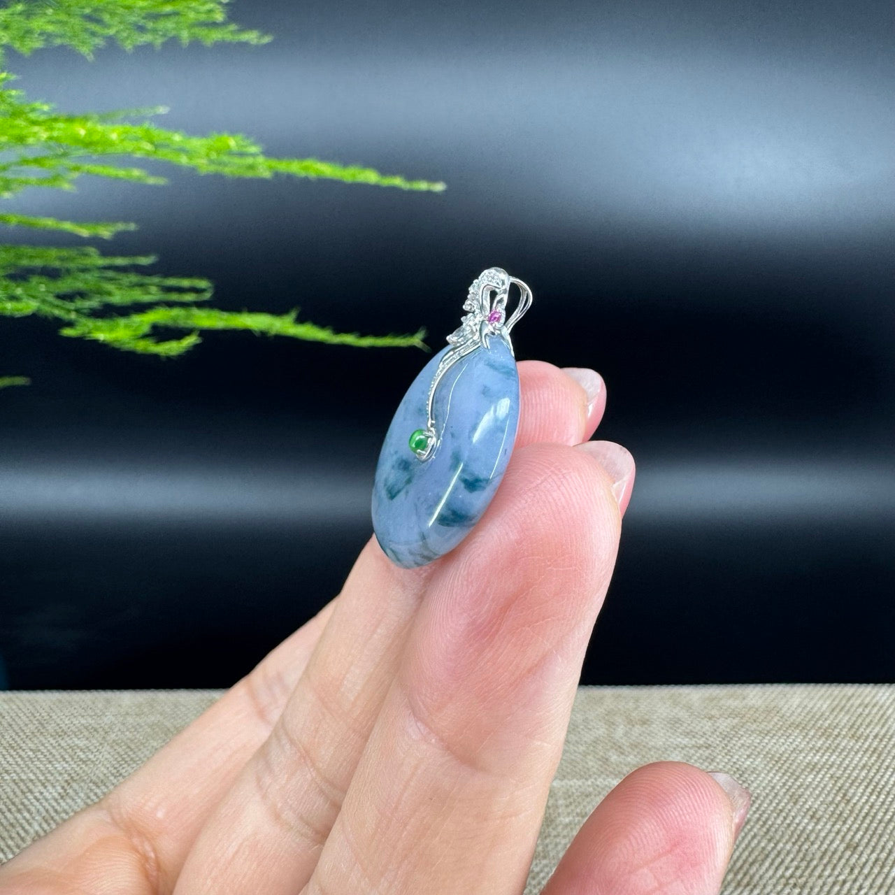 "Good Luck Button" Blue Lavender Jadeite Jade Lucky KouKou Pendant With 18K White Gold Bail