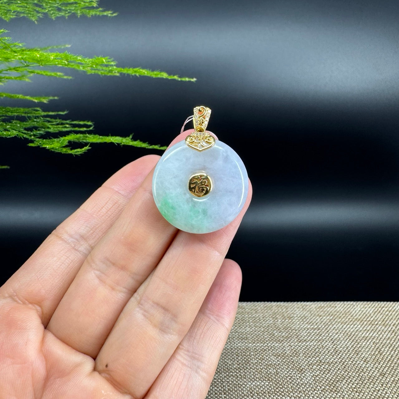 "Good Luck Button" Lavender Green Jadeite Jade Lucky KouKou Pendant With 18K Yellow Gold Bail