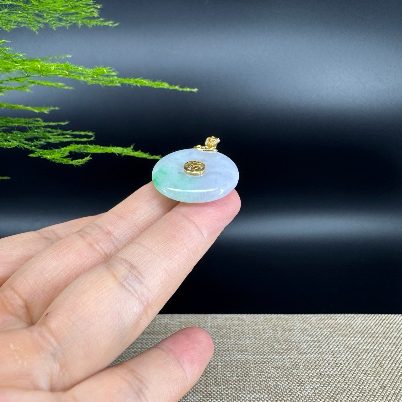 "Good Luck Button" Lavender Green Jadeite Jade Lucky KouKou Pendant With 18K Yellow Gold Bail