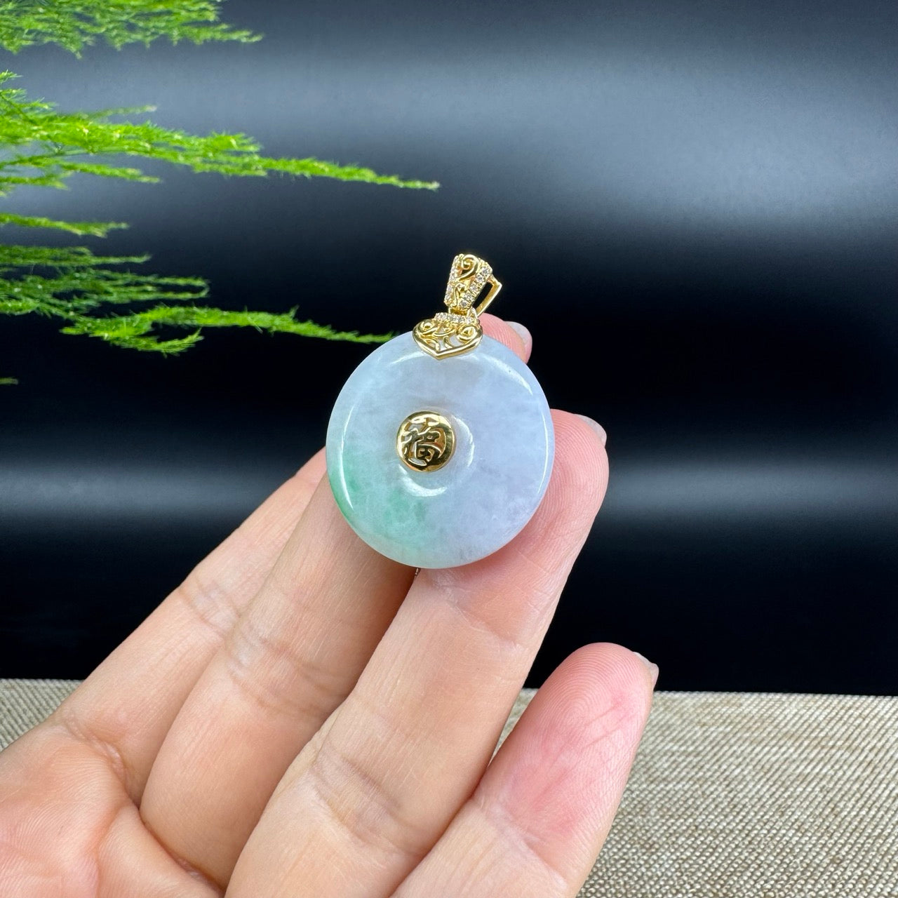 "Good Luck Button" Lavender Green Jadeite Jade Lucky KouKou Pendant With 18K Yellow Gold Bail
