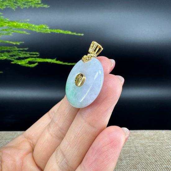 "Good Luck Button" Lavender Green Jadeite Jade Lucky KouKou Pendant With 18K Yellow Gold Bail