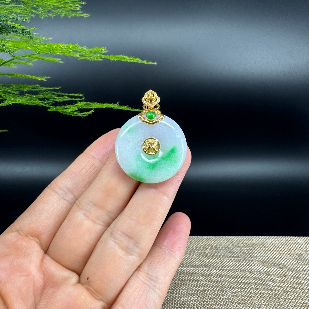 "Good Luck Button" Lavender Green Jadeite Jade Lucky KouKou Pendant With 18K Yellow Gold Bail