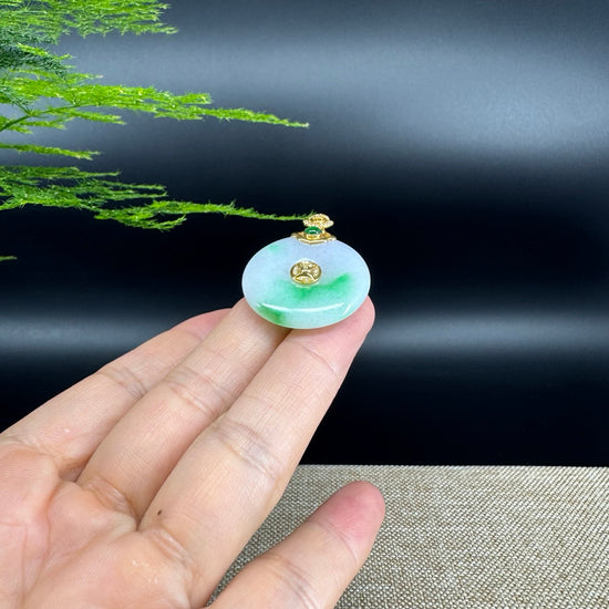 "Good Luck Button" Lavender Green Jadeite Jade Lucky KouKou Pendant With 18K Yellow Gold Bail