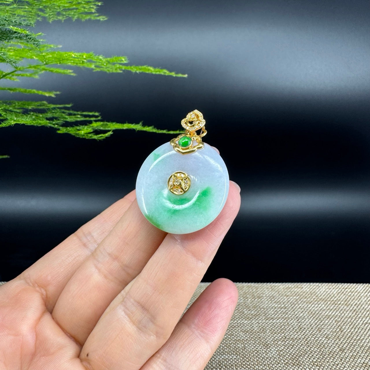 "Good Luck Button" Lavender Green Jadeite Jade Lucky KouKou Pendant With 18K Yellow Gold Bail
