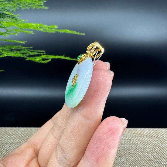 "Good Luck Button" Lavender Green Jadeite Jade Lucky KouKou Pendant With 18K Yellow Gold Bail