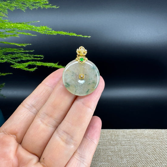 "Good Luck Button" Icy Yellow Green Jadeite Jade Lucky KouKou Pendant With 18K Yellow Gold Bail