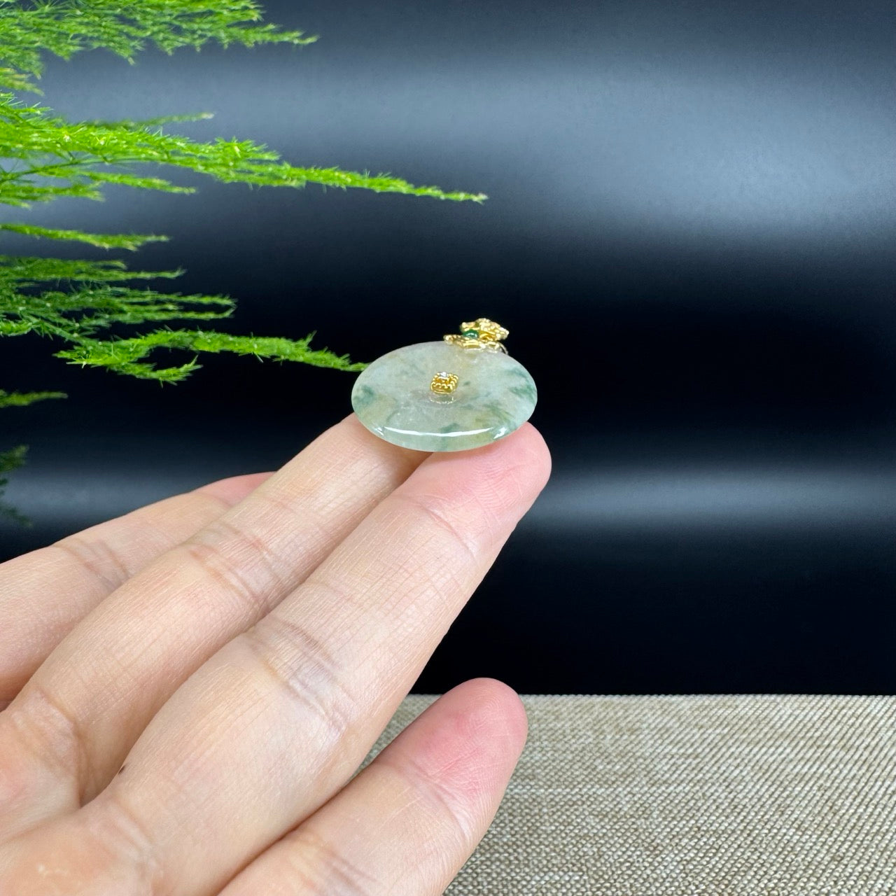 "Good Luck Button" Icy Yellow Green Jadeite Jade Lucky KouKou Pendant With 18K Yellow Gold Bail