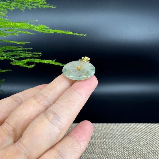 "Good Luck Button" Icy Yellow Green Jadeite Jade Lucky KouKou Pendant With 18K Yellow Gold Bail