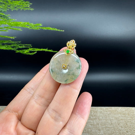 "Good Luck Button" Icy Yellow Green Jadeite Jade Lucky KouKou Pendant With 18K Yellow Gold Bail