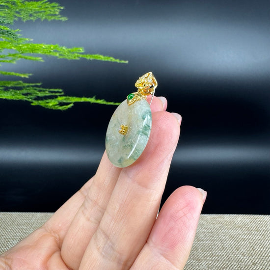 "Good Luck Button" Icy Yellow Green Jadeite Jade Lucky KouKou Pendant With 18K Yellow Gold Bail