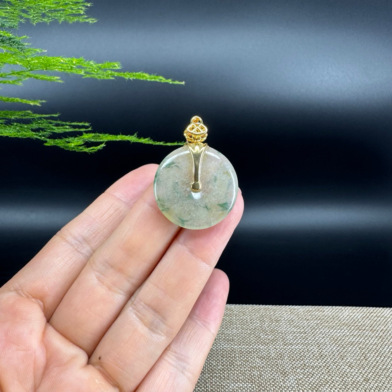 "Good Luck Button" Icy Yellow Green Jadeite Jade Lucky KouKou Pendant With 18K Yellow Gold Bail