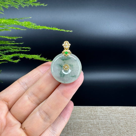 "Good Luck Button" icy Yellow Green Jadeite Jade Lucky KouKou Pendant With 18K Yellow Gold Bail
