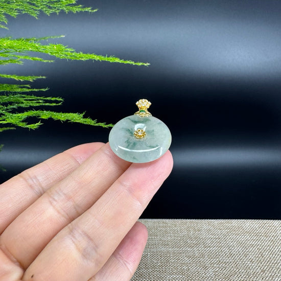 "Good Luck Button" icy Yellow Green Jadeite Jade Lucky KouKou Pendant With 18K Yellow Gold Bail