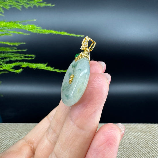 "Good Luck Button" icy Yellow Green Jadeite Jade Lucky KouKou Pendant With 18K Yellow Gold Bail