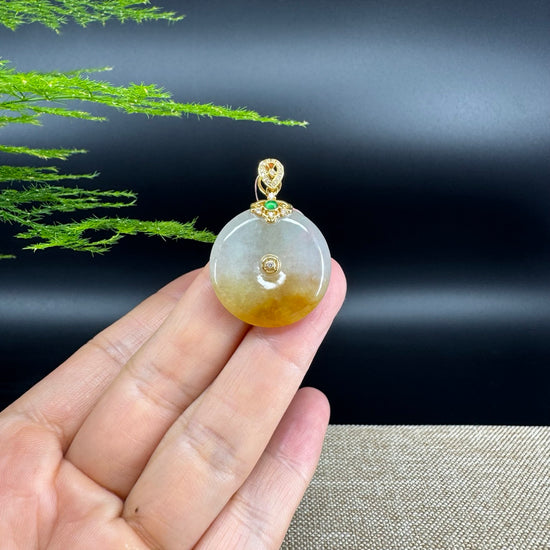 "Good Luck Button" Icy Yellow Jadeite Jade Lucky KouKou Pendant With 18K Yellow Gold Bail