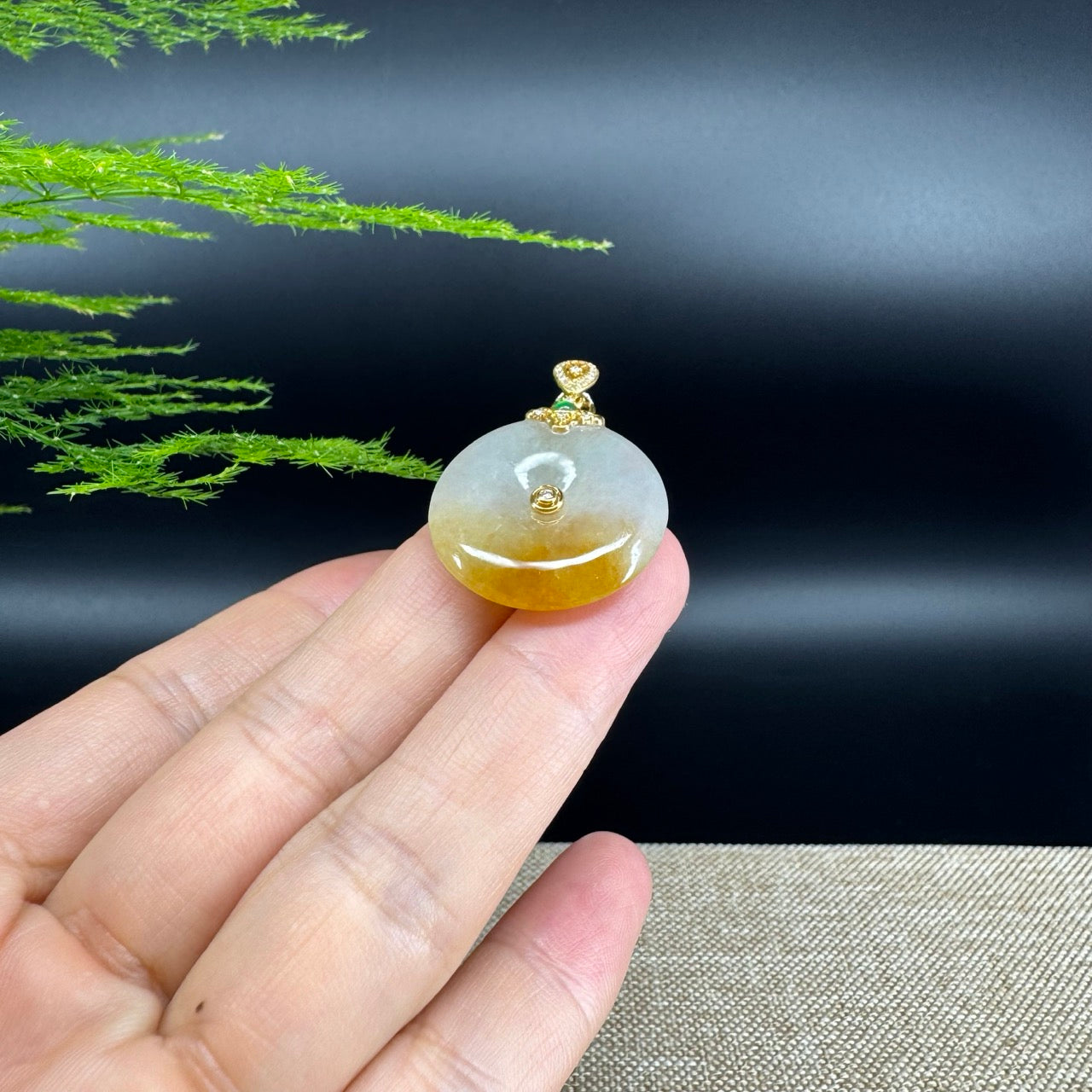 "Good Luck Button" Icy Yellow Jadeite Jade Lucky KouKou Pendant With 18K Yellow Gold Bail