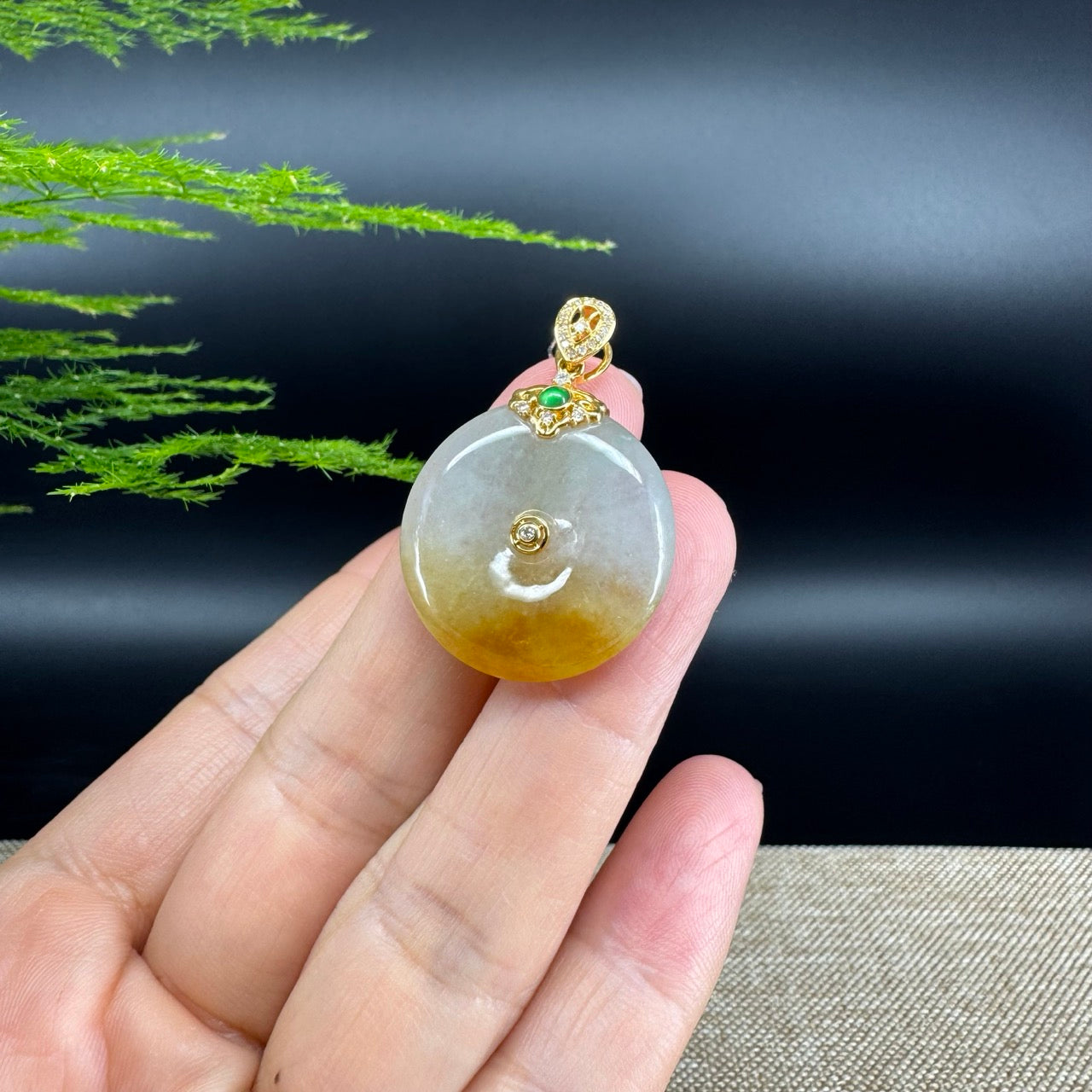 "Good Luck Button" Icy Yellow Jadeite Jade Lucky KouKou Pendant With 18K Yellow Gold Bail
