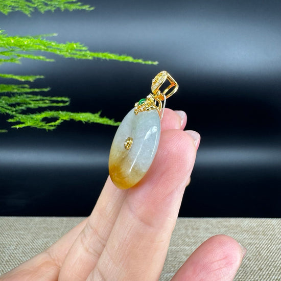 "Good Luck Button" Icy Yellow Jadeite Jade Lucky KouKou Pendant With 18K Yellow Gold Bail