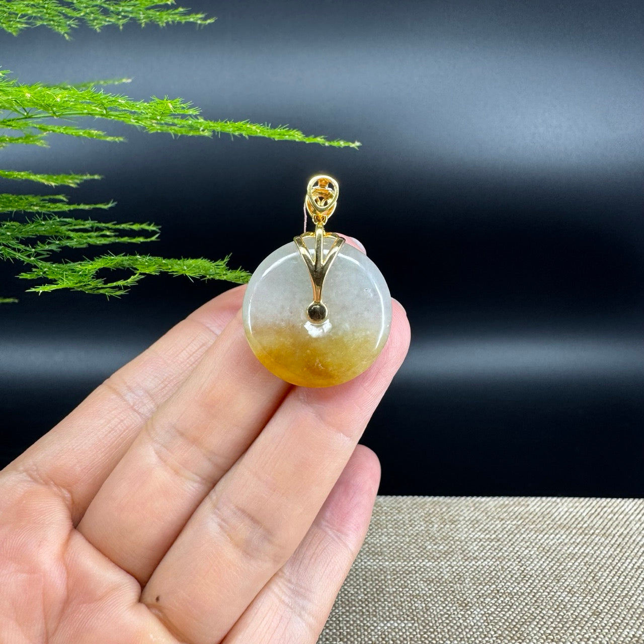 "Good Luck Button" Icy Yellow Jadeite Jade Lucky KouKou Pendant With 18K Yellow Gold Bail