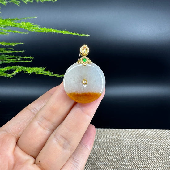 "Good Luck Button" Yellow Jadeite Jade Lucky KouKou Pendant With 18K Yellow Gold Bail