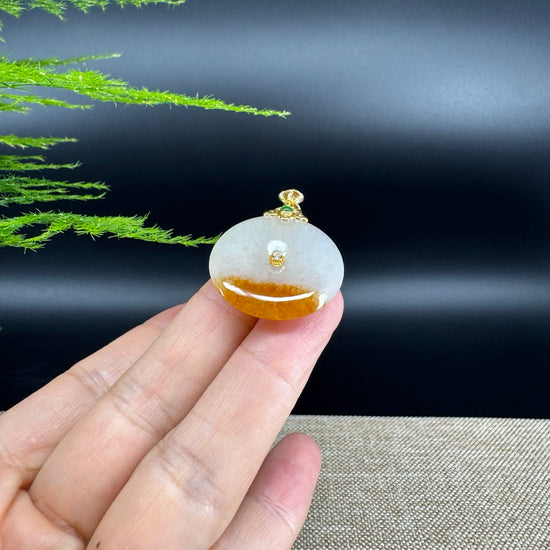 "Good Luck Button" Yellow Jadeite Jade Lucky KouKou Pendant With 18K Yellow Gold Bail