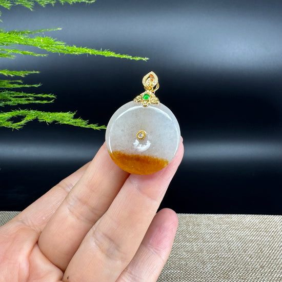 "Good Luck Button" Yellow Jadeite Jade Lucky KouKou Pendant With 18K Yellow Gold Bail