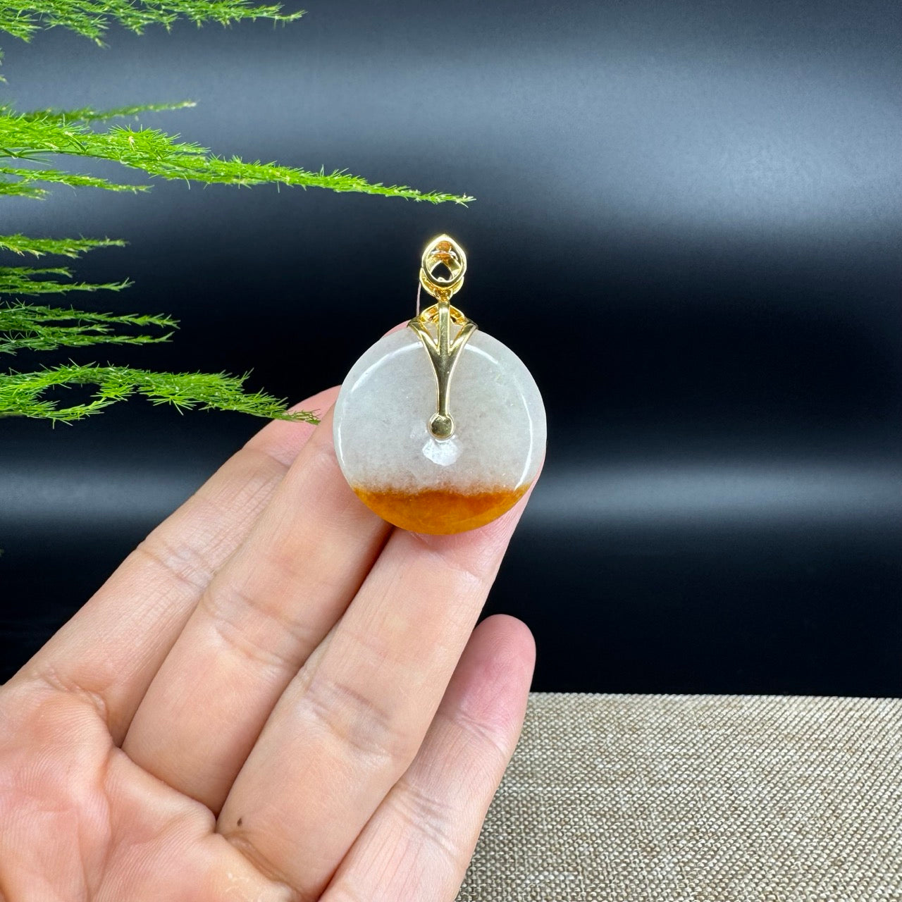 "Good Luck Button" Yellow Jadeite Jade Lucky KouKou Pendant With 18K Yellow Gold Bail