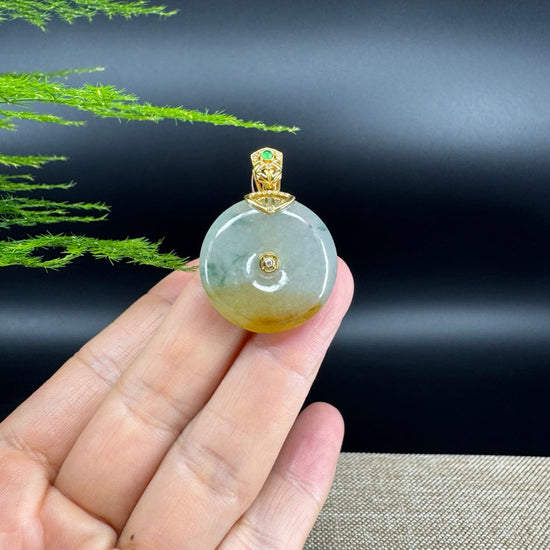 "Good Luck Button"Icy Yellow Green Jadeite Jade Lucky KouKou Pendant With 18K Yellow Gold Bail