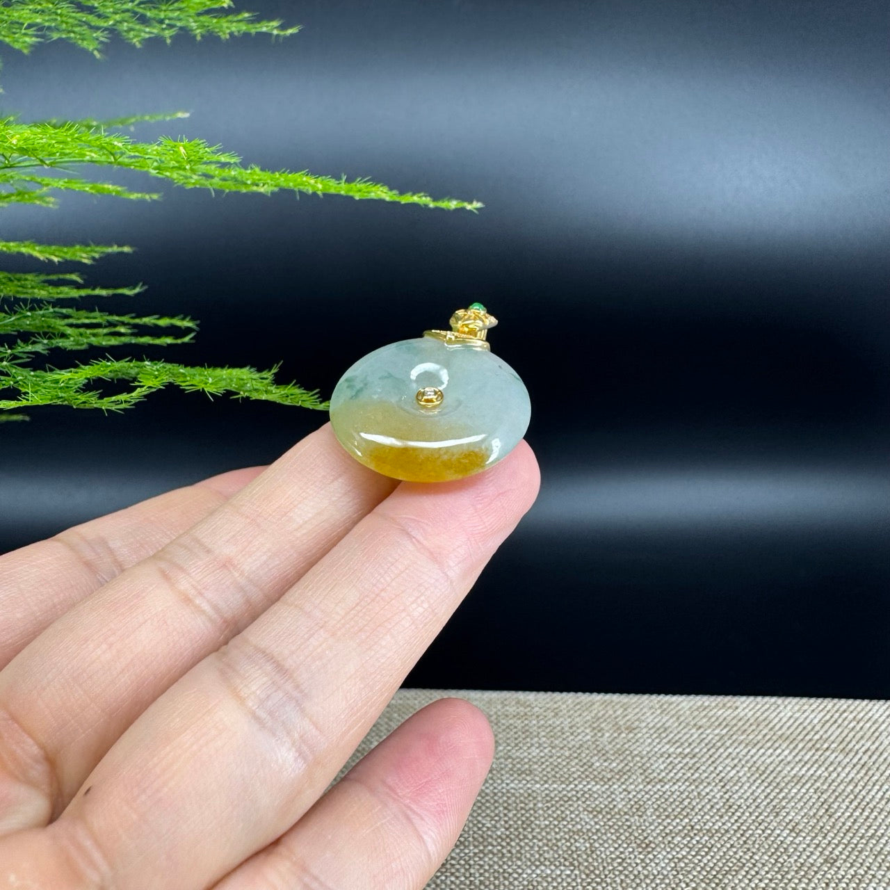 "Good Luck Button"Icy Yellow Green Jadeite Jade Lucky KouKou Pendant With 18K Yellow Gold Bail