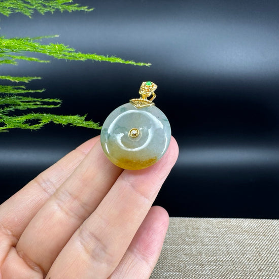 "Good Luck Button"Icy Yellow Green Jadeite Jade Lucky KouKou Pendant With 18K Yellow Gold Bail