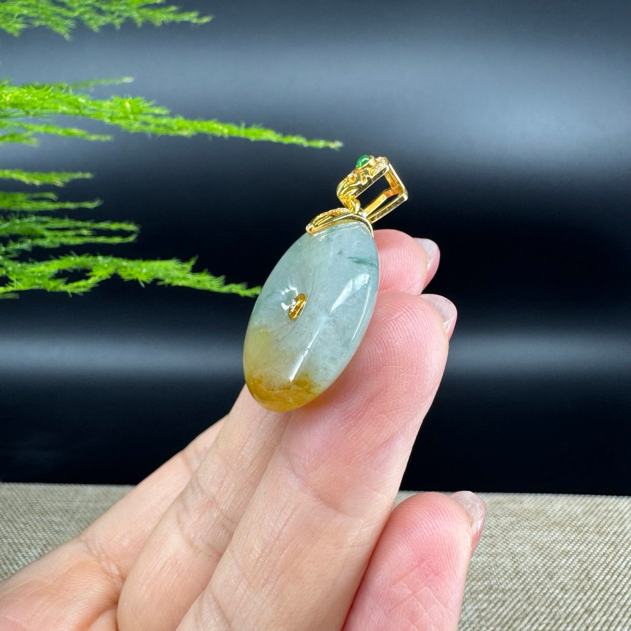 "Good Luck Button"Icy Yellow Green Jadeite Jade Lucky KouKou Pendant With 18K Yellow Gold Bail