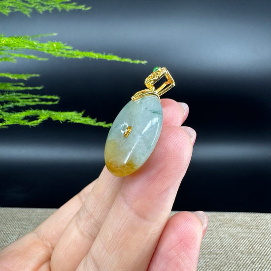 "Good Luck Button"Icy Yellow Green Jadeite Jade Lucky KouKou Pendant With 18K Yellow Gold Bail