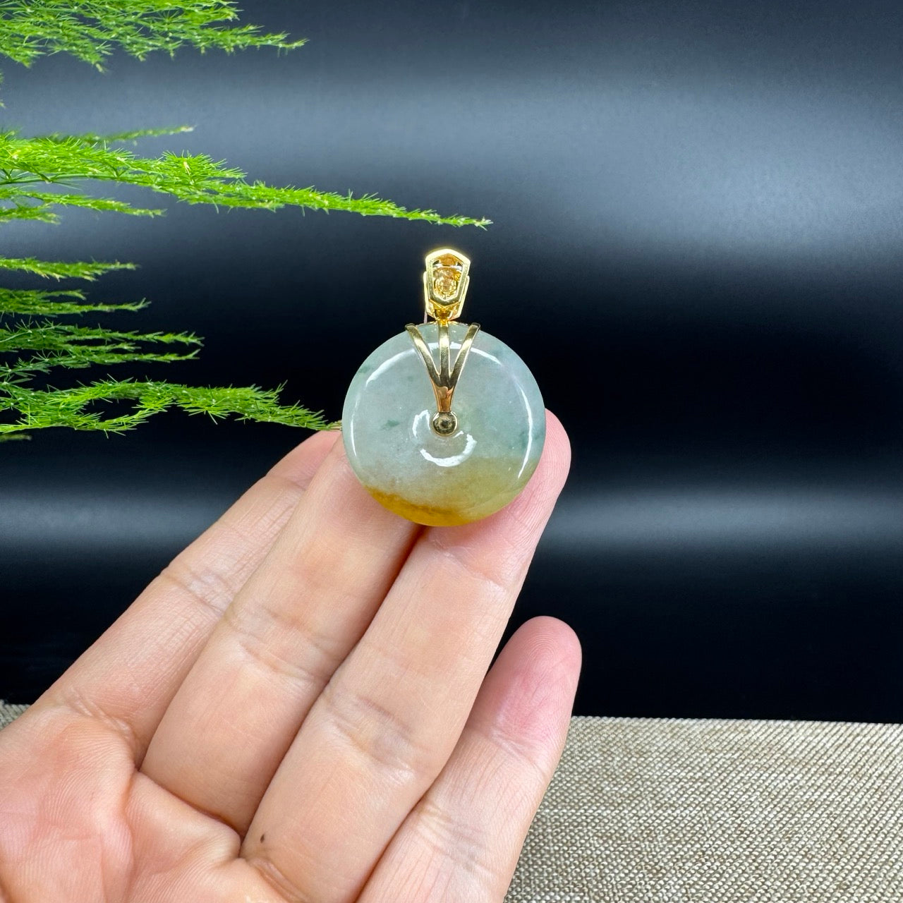 "Good Luck Button"Icy Yellow Green Jadeite Jade Lucky KouKou Pendant With 18K Yellow Gold Bail