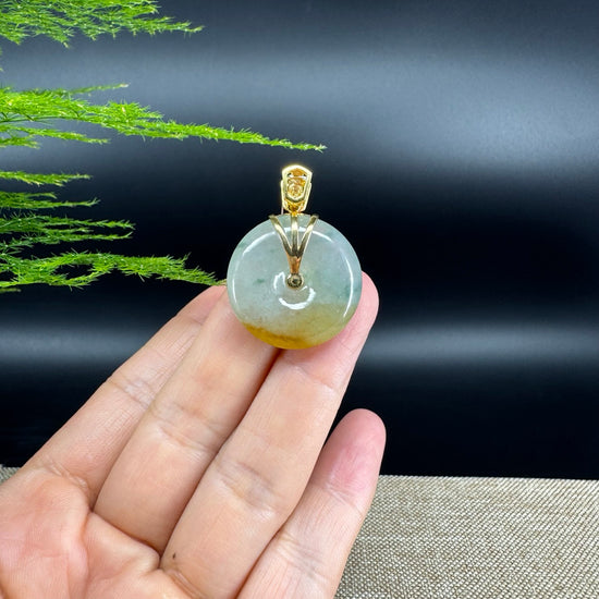 "Good Luck Button"Icy Yellow Green Jadeite Jade Lucky KouKou Pendant With 18K Yellow Gold Bail