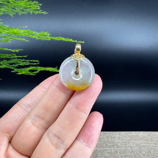 "Good Luck Button"Icy Yellow Green Jadeite Jade Lucky KouKou Pendant With 18K Yellow Gold Bail