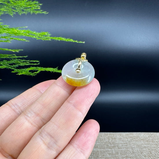 "Good Luck Button"Icy Yellow Green Jadeite Jade Lucky KouKou Pendant With 18K Yellow Gold Bail