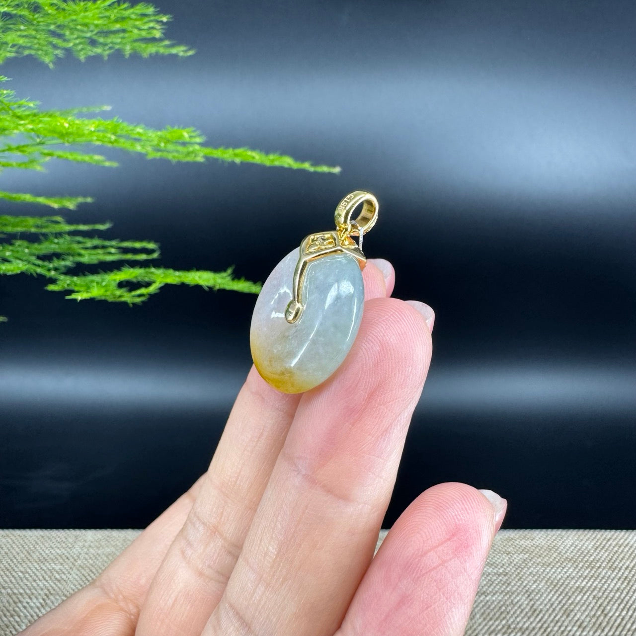 "Good Luck Button"Icy Yellow Green Jadeite Jade Lucky KouKou Pendant With 18K Yellow Gold Bail