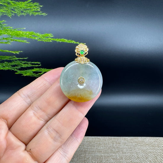 "Good Luck Button"Icy Yellow Green Jadeite Jade Lucky KouKou Pendant With 18K Yellow Gold Bail