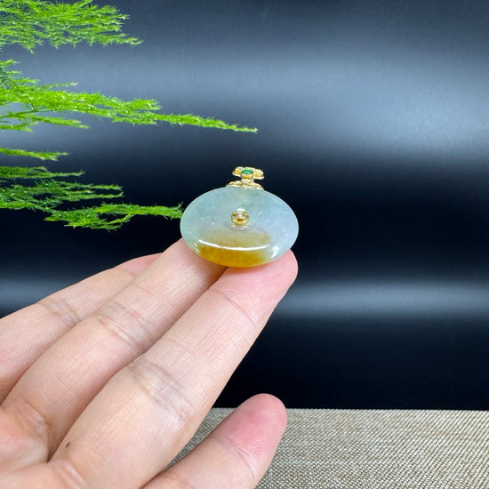 "Good Luck Button"Icy Yellow Green Jadeite Jade Lucky KouKou Pendant With 18K Yellow Gold Bail