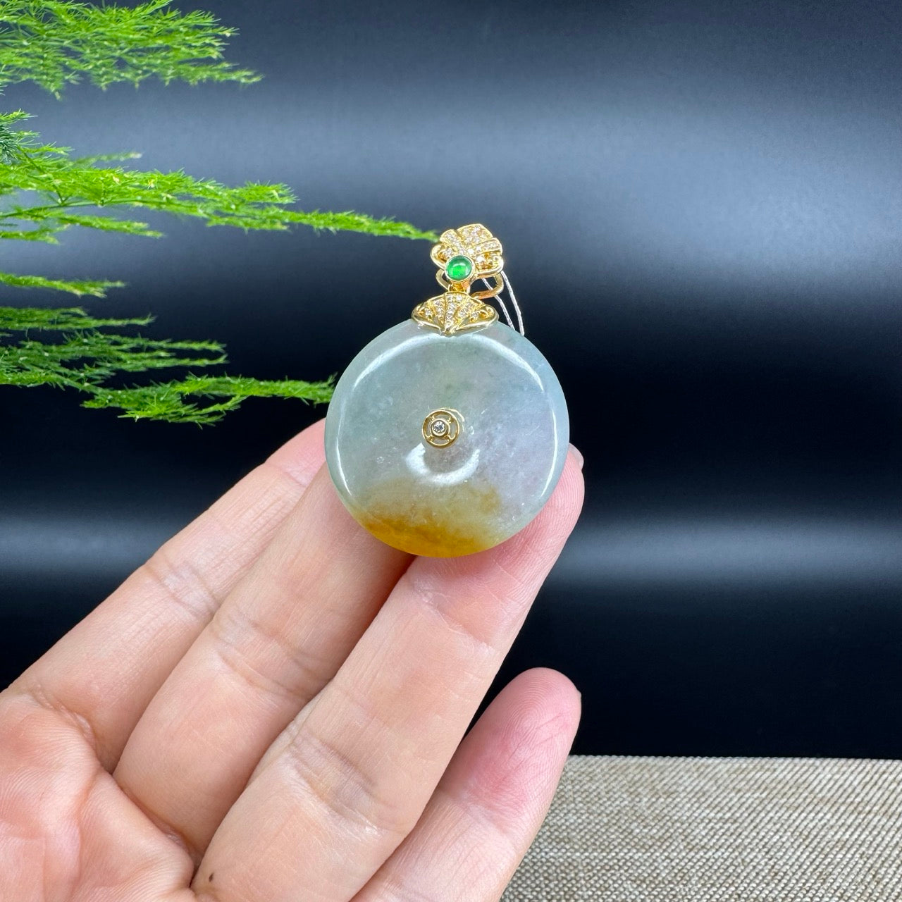 "Good Luck Button"Icy Yellow Green Jadeite Jade Lucky KouKou Pendant With 18K Yellow Gold Bail