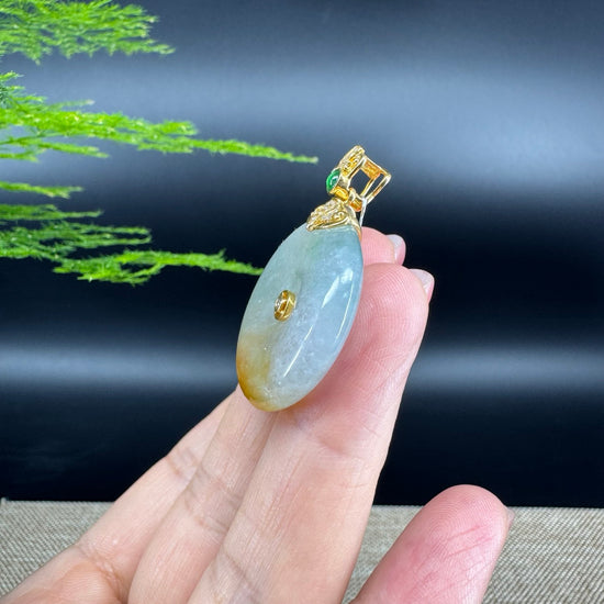 "Good Luck Button"Icy Yellow Green Jadeite Jade Lucky KouKou Pendant With 18K Yellow Gold Bail